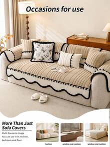 ALPLUME 1pc Asymmetrical Wavy Edge Pom Pom Design Sofa Cover, Soft And Comfortable Fabric, All-Season Universal Sofa Pad, Non-Slip, Wear-Resistant, Pet-Friendly, Short Plush, European Luxury Style, High-End, Timeless, Suitable For Living Room, Bedroom, Office And Other Occasions, Providing Warmth And Comfort For Home Decor - Khaki - View 3