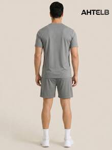 Conjunto de ropa deportiva de 2 piezas para hombre AHTELB, camiseta de cuello redondo con pantalones cortos con cordón, de seda de hielo fina, cómodo, transpirable, elástico, casual, adecuado para deportes al aire libre diarios, ocio y desplazamientos, regalo para esposo, novio, amigo, cliente, padre, conjunto de 2 piezas para hombre, ropa de gimnasio para hombre, gimnasio - Gris Claro - Ver 2