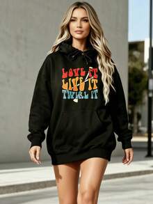 Women's Hooded Sweatshirt In Vintage Style"Love It Live It Twirl It"Patterned Printed Casual Streetwear For Autumn And Winter - Black - View 2