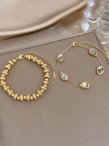 Conjunto de pulsera de cadena con cuentas de calabaza y gota de agua de concha de abalón minimalista, cadena de acero inoxidable apilable para mujer, regalo de joyería para cumpleaños, uso diario y fiestas - Multicolor - Ver 5