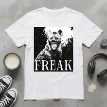 Camiseta FREAK con Gráfico de Oso |   Estampado Animal Monocromático Estilo Grunge - Blanco - Ver 1