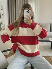 Atasan Sweater Wanita Kasual Musim Gugur/Dingin Motif Garis-garis Putih & Merah dengan Leher Bulat untuk Padu Padan Pakaian - Merah - View 5