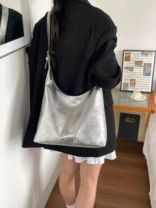 復古大容量軟質素色女款單肩包，多功能斜挎包，手提女款單肩包，大容量斜挎手提包，休閒通勤包（顏色與圖片可能略有差異） - 銀色 - 查看 6