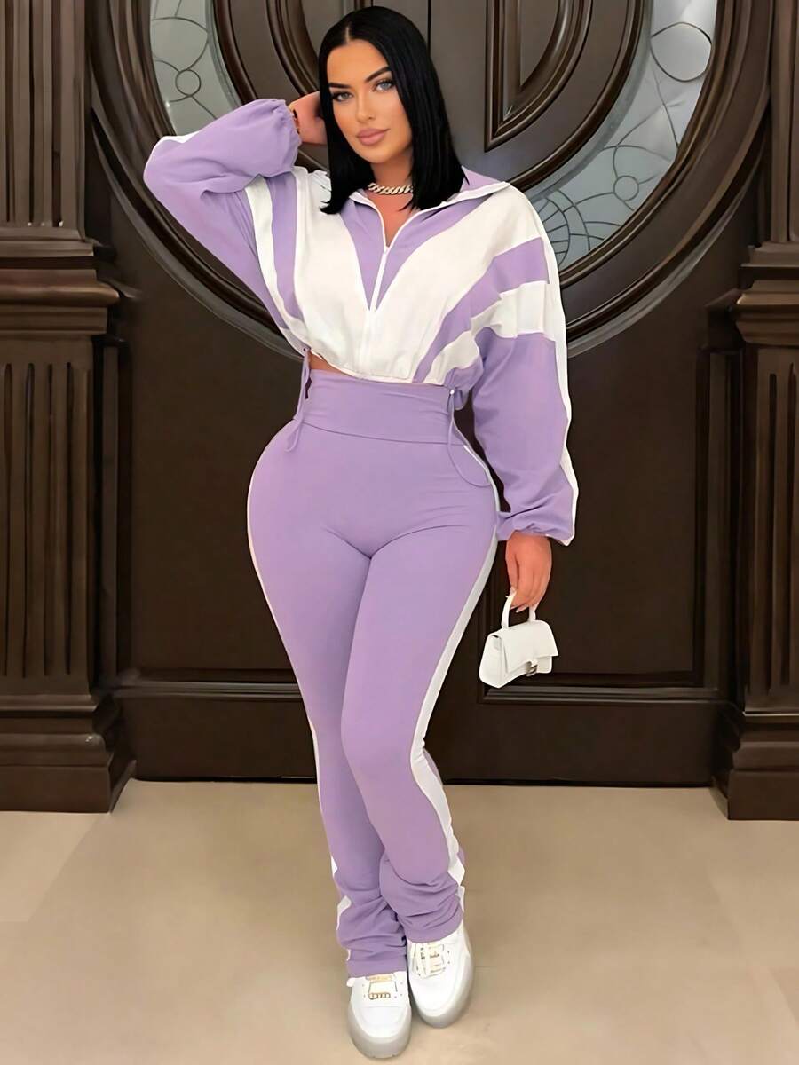 CALEBGAR 2 Piece Tracksuit Set Women Y2K Sporty Colorblock Zip Up Crop Jacket & High Waist Stacked Sweatpants - 紫色 - 查看 1