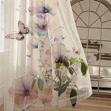 2pcs Digital Printed Sheer Curtains, Watercolor Floral & Butterfly Pattern, Romantic Wedding Style, Suitable For Kitchen, Dining Room, Living Room Decor - Multicolor - View 8