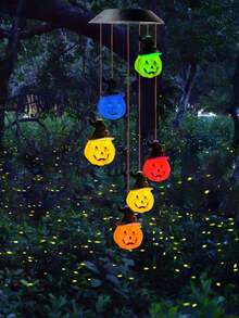1 Stück 6LED schwarze Kürbis Solarbetriebene Windspiel Licht, geeignet für Halloween Feiertagsbeleuchtung, anwendbar für Fensterbank, Dachvorsprung, Balkon, Outdoor gruselige Dekoration [Solarbetrieben] - Windspiel-Lichterkette - Übersicht 2