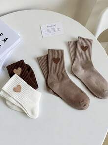12/6 Pairs Kids Random Heart & Bow Solid Color Mid-Calf Socks In Maillard Tones - Multicolor - View 6