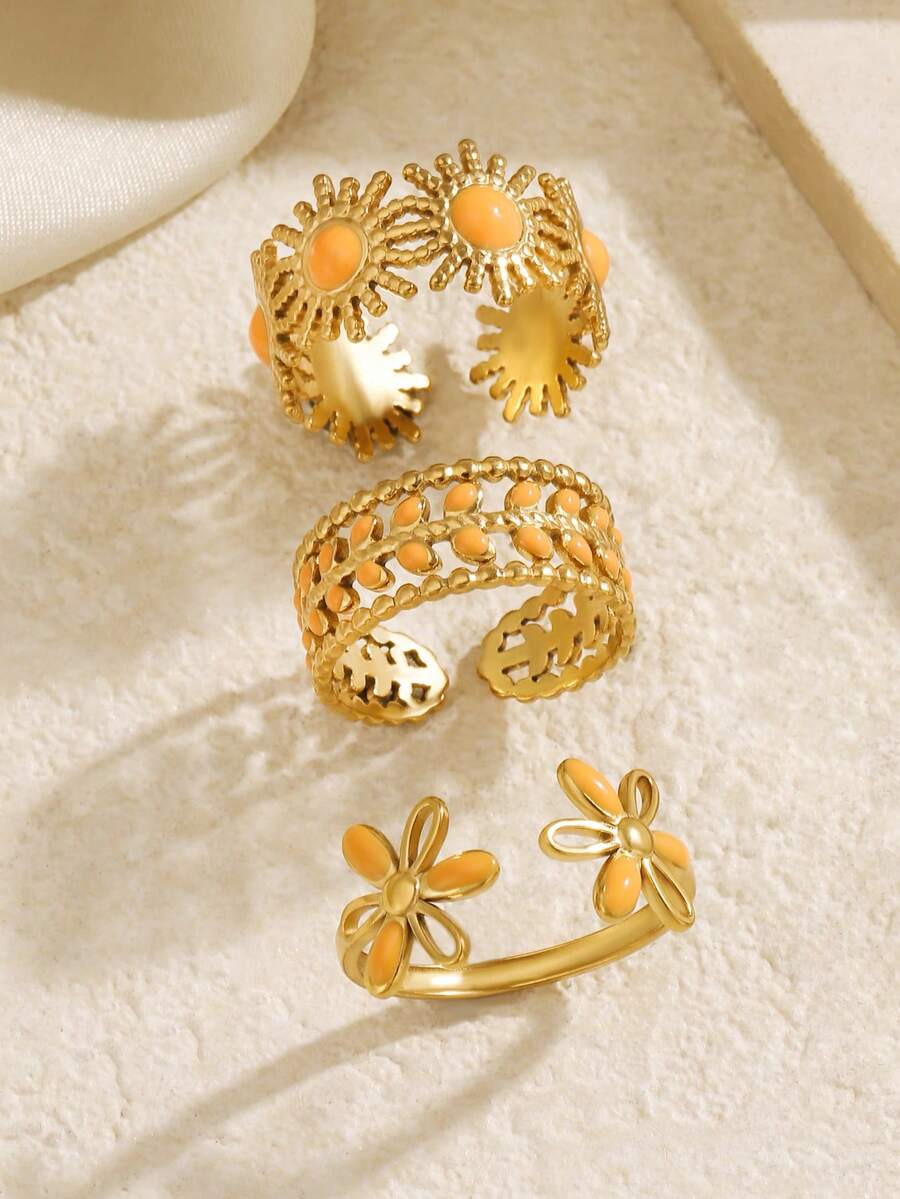 3pcs Stainless Steel 18K Gold Plated Summer Elegant Style City Leaf Flower Sun Ring Set Suitable For Women Daily Holiday Vacation Wear - Multicolor - View 1