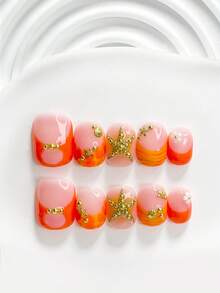 10片日落靈感低調奢華手工穿戴甲，Polygel美甲套組，海星設計，粉橘色指甲油，島嶼度假風，附美甲工具，3種尺寸可選：方形、短方形、杏仁形，適合派對、跳舞、日常穿戴 - 彩色 - 查看 14