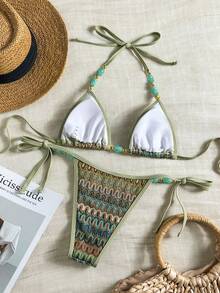 Bikinx Women's Bohemian Style Halter Neck Backless Textured Fabric Beaded Bikini Set, Side Tie Swim Bottoms, Suitable For Beach Wear - Multicolor - View 8