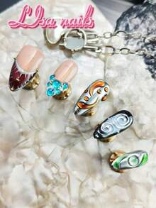 10pcs Handmade Full Cover Almond Shaped Press-On Nails, Silver Hand-Painted Blue Green Water Drop Ripple Pattern Fake Nails, Minimalist Ocean Fresh Y2K Style, Reusable, Suitable For Party, Daily Wear, Cosplay, Includes Jelly Glue And Nail File - Multicolor - View 4