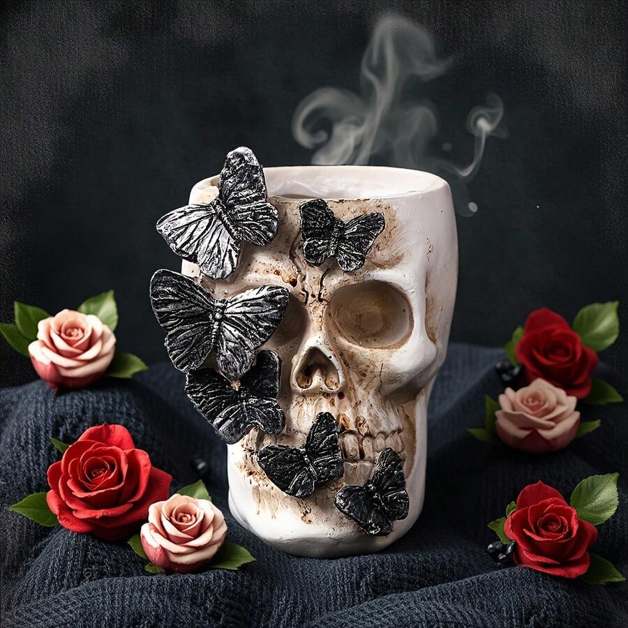1pc Halloween Skull Planter Decor, Gothic Skeleton Head Flower Pot With Butterfly Design, Spooky Home Tabletop Decoration, Party Ornament - Multicolor - View 1