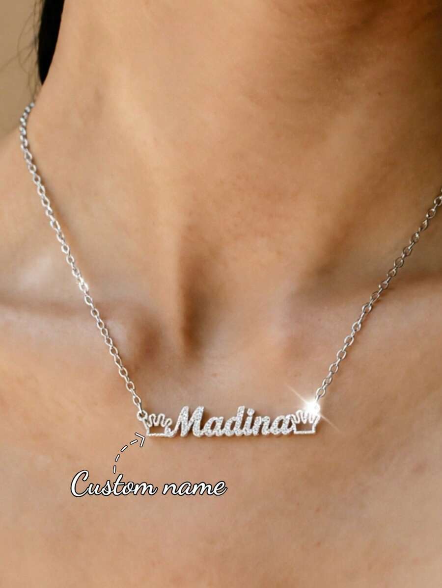 Personalized Women's Name & Heart Necklace, Stainless Steel Pendant Necklace, Customized Letter Jewelry Gift - Silver-crown - View 1