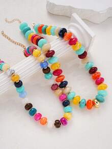 2/1pc Acrylic Pmma Chunky Coloful Beaded Necklace Set For Women, Boho Summer Fashion Bead Necklace Suitable For Daily Wear Beach Holiday,Jewelry Gift - Multicolor - View 3