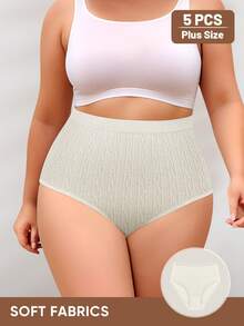 5pcs Women Plus Size High Waist Panties Triangle Briefs, Jacquard Design, Elegant, Soft - Multicolor - View 3