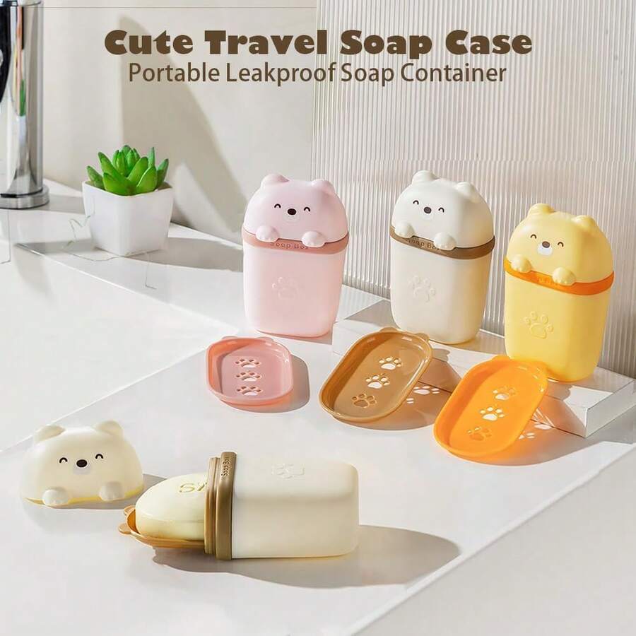 1pc Cute Travel Soap Dispenser, Portable Leak-Proof Liquid Soap Container With Lid, Soap Dish With Drainage Function, Suitable For Bathroom, Gym, Travel, Camping And Outdoor Use (Bear Shape)