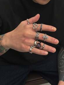9pcs Gothic Star & Thorn Stackable Open Ring Set, Vintage Dark Street Style Unisex Fashion Accessories - Antique Silver - View 4