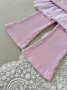 Baby Girls 2pcs Casual Set With 3D Floral Ribbed Flare Pants - Pink - View 11