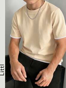 男童青少年學生休閒拼接條紋圓領套頭短袖T恤夏季上衣 - 杏色 - 查看 2