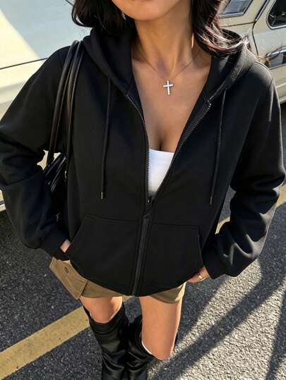 Women's Loose Fit Hooded Long Sleeve Jacket, With Zipper And Drawstring Details, Casual Style Sweatshirt Sweatshirt, Suitable For Spring And Autumn Casual Occasions Black Sports