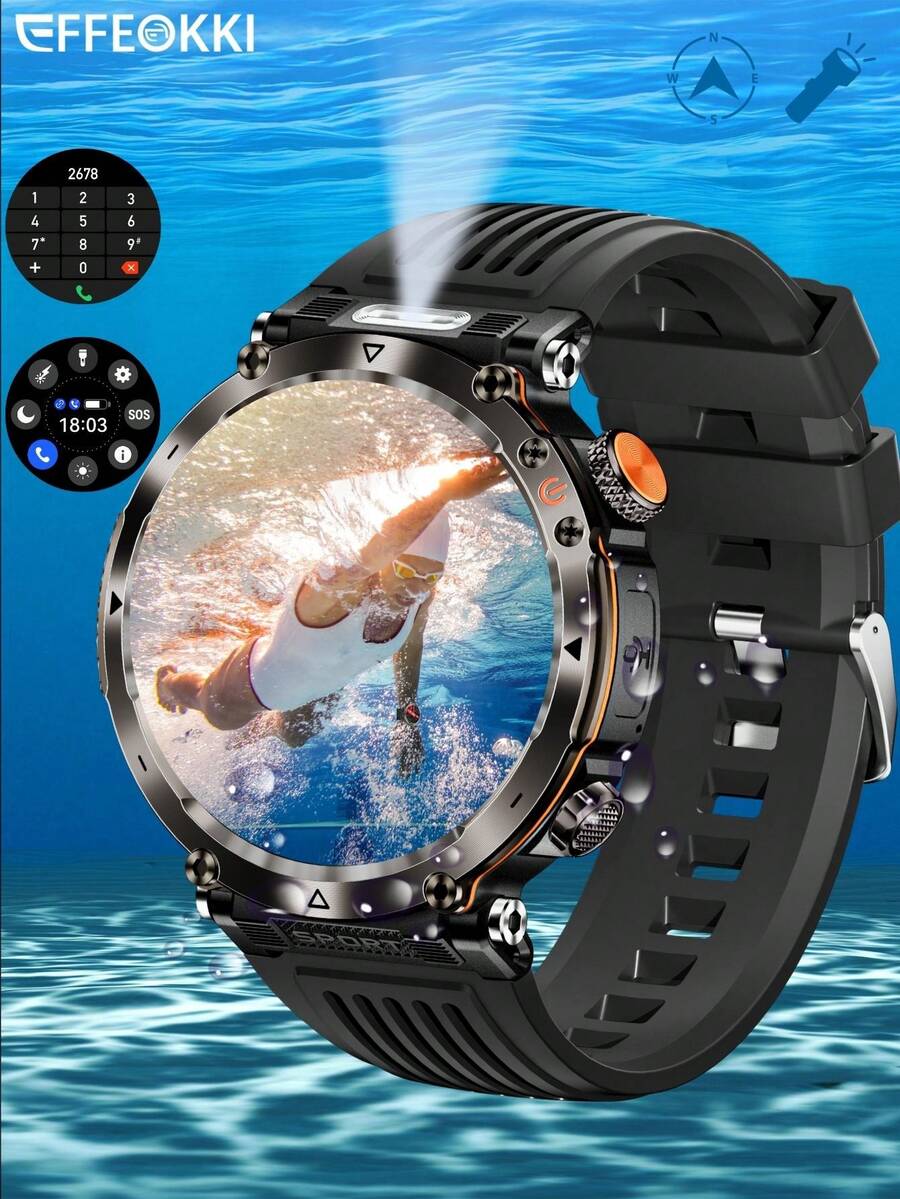 Effeokki 1.7-Inch Large Round Screen Men's Smart Watch, Durable, Supports Wireless Calling, IPS Display, Altitude, Barometer, Compass, LED Flashlight, 600mAh Large Capacity Battery, IP68 Waterproof, 100+ Sports Modes, Compatible With Android Phones