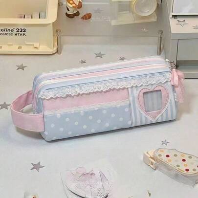 Sweet Girl Heart Lace Trim Heart Cutout Pencil Case, Pink & Blue Contrast Polka Dot Striped Large Capacity Student Stationery Bag