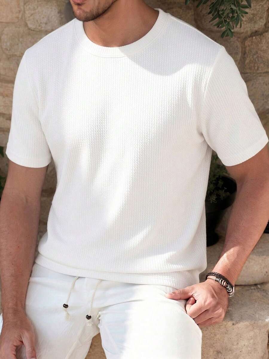 ALTZTAR Men's Ribbed Twisted Cable Knit Crew Neck Short Sleeve T-Shirt, Breathable And Comfortable For Summer - White - View 1