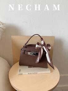 1pc Lychee Textured Asymmetrical Shoulder Bag Small Crossbody Bag Vintage Minimalist Handheld Kelly Square Bag For Women Suitable For Shopping Work Dating With Scarf Included - Coffee Brown - View 7