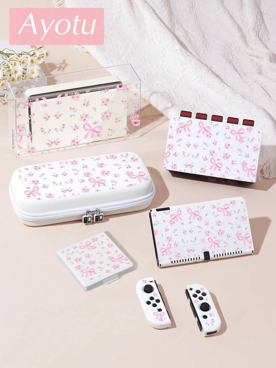 Ayotu 適用於 Switch/Switch OLED/Switch Lite 花卉與蝴蝶結圖案遊戲主機外殼與配件，套裝包含保護殼、收納袋、底座外殼、控制器保護套及多款配件可供選擇，返校禮物/生日禮物/週年禮物