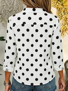 Women's Fashion Polka Dot Button Shirt Collar Long Sleeve Polyester Blouse, Autumn Non-Stretch Polyester Fiber Material, Front Button Lapel Design, Versatile Regular Fit, Suitable For Daily Casual Office Wear - White - View 3