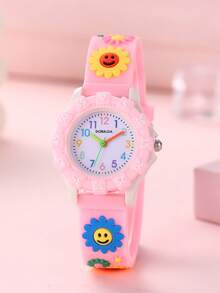 1pc New Kids Cartoon Quartz Watch Pink Girls Niche Ins Minimalist 3D Sunflower Watch Student Party Birthday Holiday Gift - Hot Pink - View 1