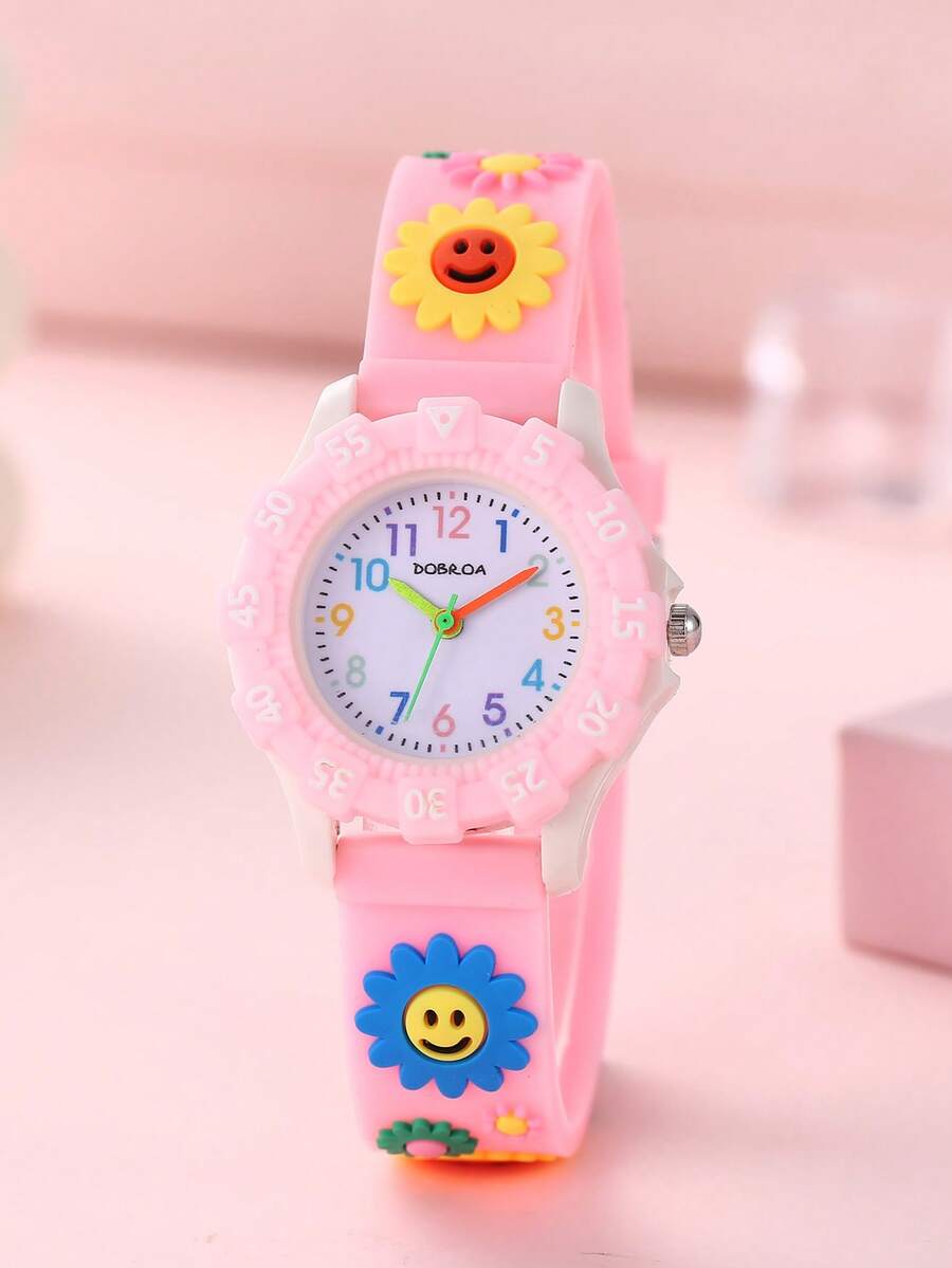 1pc New Kids Cartoon Quartz Watch Pink Girls Niche Ins Minimalist 3D Sunflower Watch Student Party Birthday Holiday Gift - Hot Pink - View 1