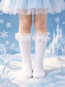 1 Pair Girls White Lace Ruffle Mid-Calf Socks, Soft Breathable Socks With Ruffle, Suitable For Fall Winter Back To School, Party Favors For Kids - Multicolor - View 2