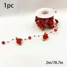 Pink Rose Pearl Leaf Beaded Garland Ribbon, Suitable For Wedding, Party, Home Decor, DIY Accessories, Gift Wrapping - 2m/78.7in - Ribbon - View 11