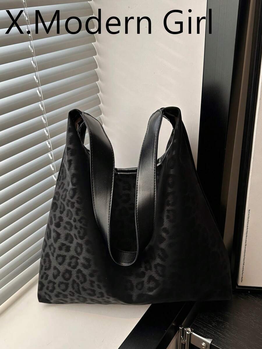 Vintage Leopard Print Tote Bag, Large Capacity Design, Durable & Scratch-Resistant, Shoulder Bag For Commuting, Versatile For Daily Outings - Black - View 1