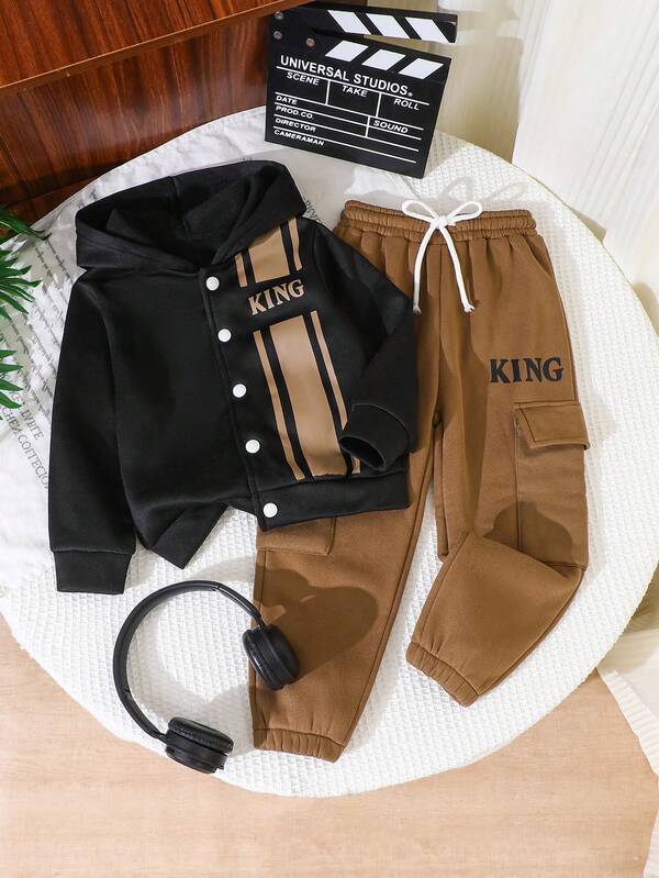 Boys 2pcs "KING" Letter Print Colorblock Hoodie + Jogger Pants Set, Casual Streetwear Sports Outfit For Autumn/Winter