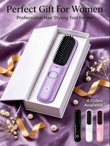 Multi-Color Wireless Curling Comb, Portable Anti-Frizz Tool With LED Digital Temp Control & Anti-Scald Design, USB Rechargeable, Lightweight & Compact, Say Goodbye To Morning Frizz, Smooth Hair Anytime, Anywhere, Multiple Colors Available. - Multicolor - View 7