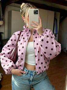 Autumn/Winter Foundation Coffee Polka Dot Drawstring Ruffle Trim Stand Collar Zipper Drop Shoulder Lantern Sleeve Cropped Cuffed Jacket Casual Vacation Style Daily Travel Date - Pink - View 1