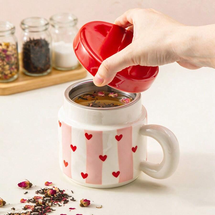 1pc 340ml/11.5oz Fashionable Pink Vertical Striped Ceramic Tea Cup With Lid And Filter, Cute Princess Style Red Heart Bow Print Porcelain Tea Infuser Mug, Suitable For Loose Leaf Tea, Coffee, Milk, Sweet Romantic Anniversary Birthday Gift Cup - Multicolor - View 1