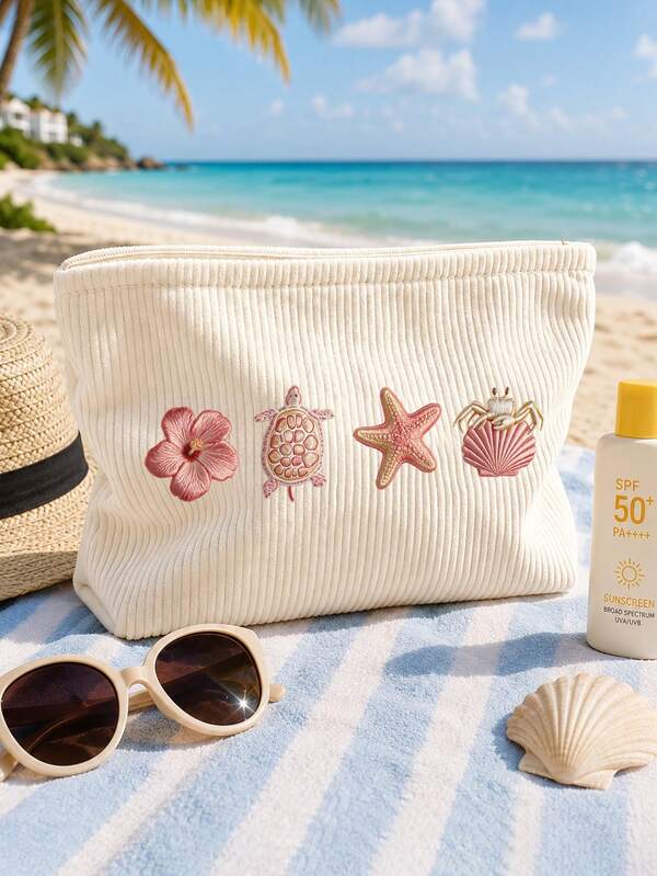 2D Shell And Starfish Pattern Printed Makeup Bag Travel Storage Pouch, Suitable For Beach, Swimming Pool, Swimwear, Travel Storage Bag, Makeup Bag, Cosmetic Bag, Vacation Storage Bag, Large Capacity Makeup Bag Can Hold Lipstick, Brushes, Skincare Products, Phone, Coins, Small Items, Multi-Purpose Home, Gift, Vacation And Holiday, Toiletry Bag, Student Makeup Bag, Halloween And Christmas Gift