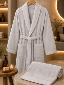 Diamond Pattern Jacquard Shawl Collar Bathrobe - S/M - L/XL - Made In Turkey - Light Grey - View 2