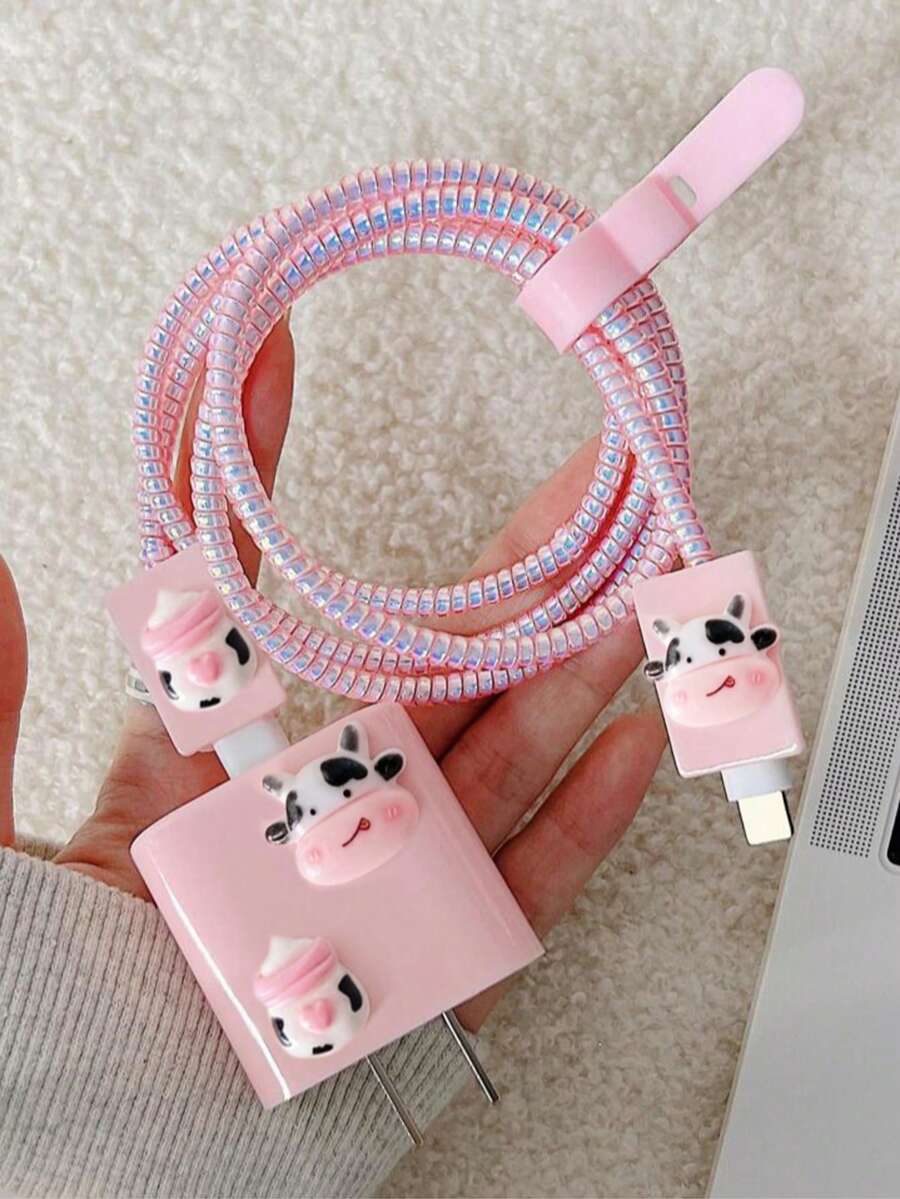 1組軟萌3D奶瓶充電器保護套，韓系Ins風粉色奶瓶數據線保護套組，相容Apple PD18W/20W原裝充電器，軟萌可愛高顏值送女友禮物