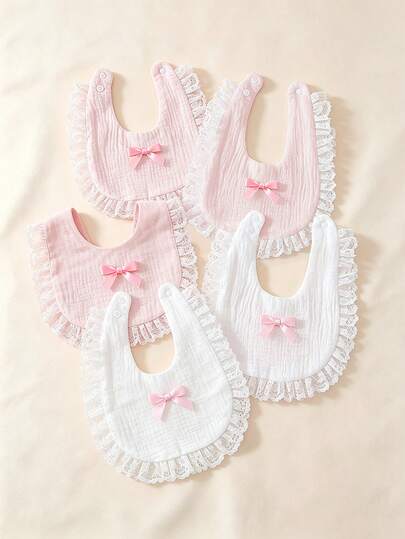 5PCS Soft Pure Cotton Plain Weave Baby Bibs, Drool Cloths, Princess Lace Bowknot Design For Baby Girls, Adding Sweetness, Elegance And Glamour, Newborn Essentials