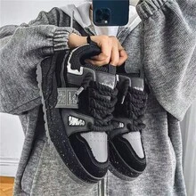 Fashionable Couple Skate Sneakers, Black Gray Thick Rubber Shock Absorbing Sole, Low Lace Up Casual Comfort Street Footwear For All Seasons - 黑灰色 - 查看 10