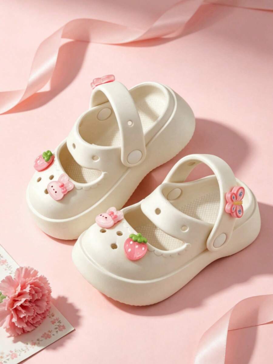 HAHABOBO Little Girls' Strawberry & Animal Decor Clogs, Breathable Closed Toe Mary Jane Style Platform Height-Boosting Sweet Shoes For Summer Daily Outings - White - View 1