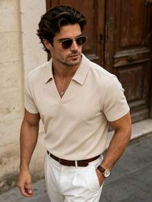 Men's Summer Old Money Style Fashion Casual Corduroy Fabric Polo Shirt With Turn-Down Collar And V-Neck, Suitable For Daily Commute And Travel - Apricot - View 5