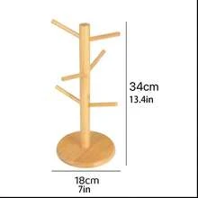 1pc Bamboo Tree-Shaped Cup Holder, 6-Hook Wooden Draining Cup Rack, Vertical Countertop Coffee & Tea Cup Storage Rack, Kitchen Use Natural Bamboo Tree-Shaped Cup Hanging Rack, Minimalist Vertical Coffee Cup & Tea Cup Hanging Rack With Non-Slip Base Cup Storage Rack - Cup Holder - View 4