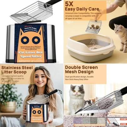 Pala para arena de gato de acero inoxidable resistente con soporte - Mango antideslizante, rejilla de tamizado rápido y fácil de limpiar