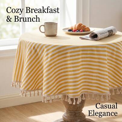 1pc Yellow & White Fine Striped Round Tablecloth, Fresh Casual Style, High-Quality Fabric Material, Round Tassel Edge Detail, Decorative & Functional, Suitable For Indoor/Outdoor Dining And Home Decor