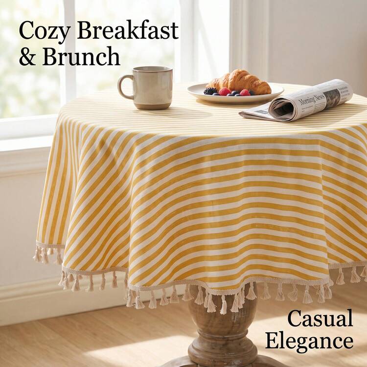 1pc Yellow & White Fine Striped Round Tablecloth, Fresh Casual Style, High-Quality Fabric Material, Round Tassel Edge Detail, Decorative & Functional, Suitable For Indoor/Outdoor Dining And Home Decor - Yellow - View 1